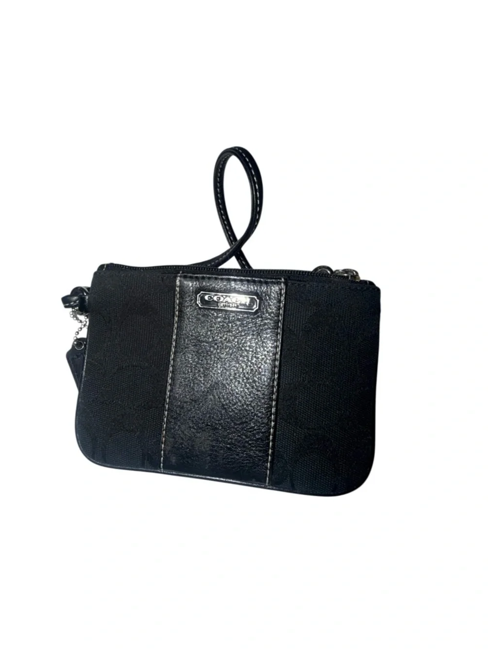 Coach Black Signature Wristlet Clutch with Leather Center Panel